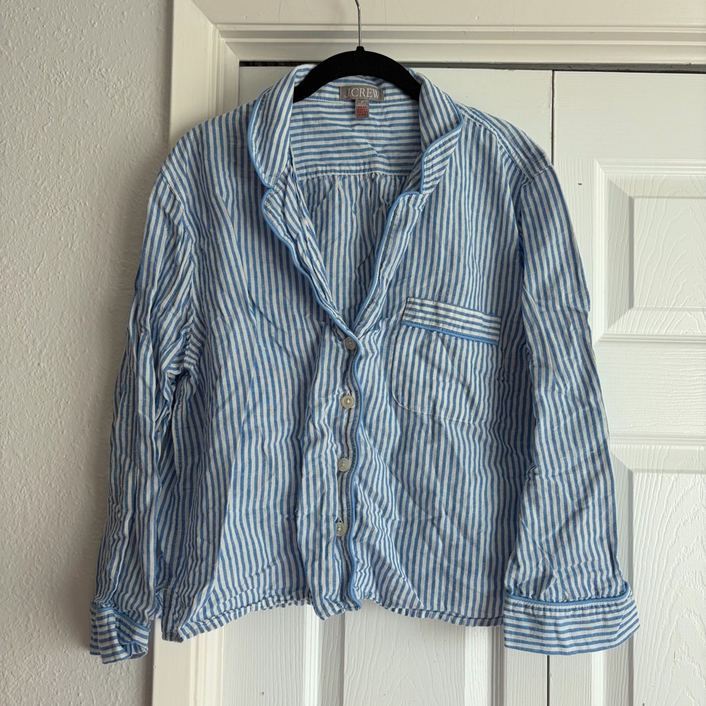 J. Crew Linen Cotton Blue and White Striped Button-Up Pajama Shirt